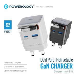 Powerology Dual Port | Retractable GaN Charger