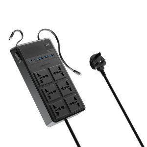 Powerology 2500W Power Strip with 6 AC Sockets & Built-in Retractable Cables, 5 USB Ports, USB-C & Lightning Outputs, Built-in Safeguards, Fire-Proof